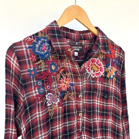 Johnny Was Workshop Plaid Long Sleeve Flower Embroidered Tunic Dress Medium Red - Picture 5 of 9